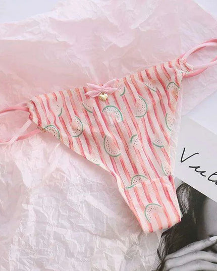 Charming Women's Sheer T-Back Thongs with Playful Strawberry and Cherry Print - Low-Waisted Seamless Sexy Underwear