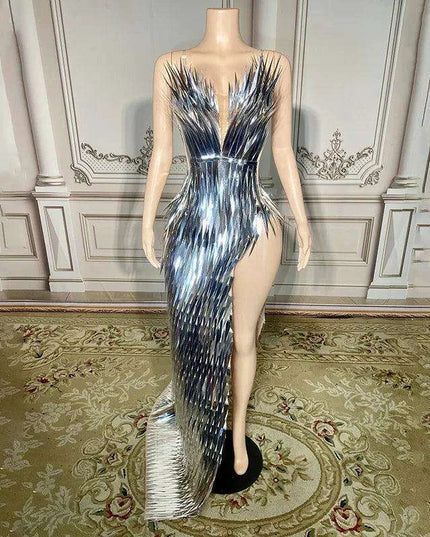 Glamorous Silver Sequin Tube Maxi Gown with Elegant Train