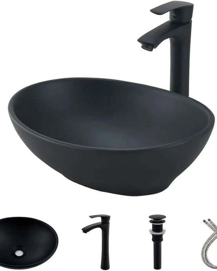 Elegant Oval Ceramic Sink Ensemble with Black Faucet and Stainless Steel Drain