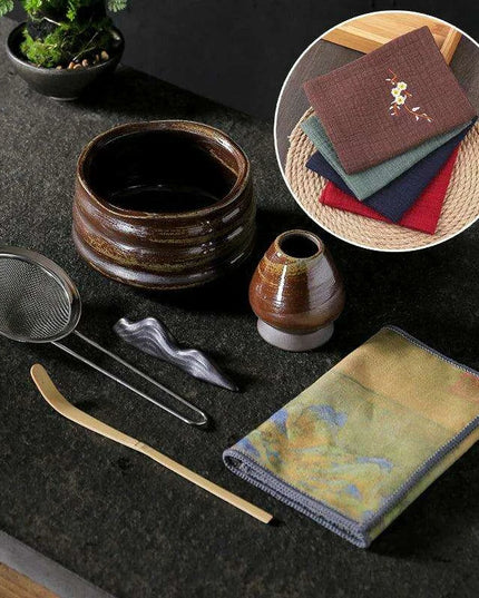 Elegant Japanese Matcha Tea Towel Set with Bamboo Whisk and Floral Design