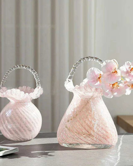 Charming Pink Glass Handbag Vase with Playful Curvy Handle