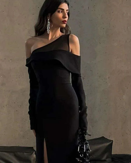 Black Asymmetrical Long Sleeve Maxi Dress with Backless Cut-Out