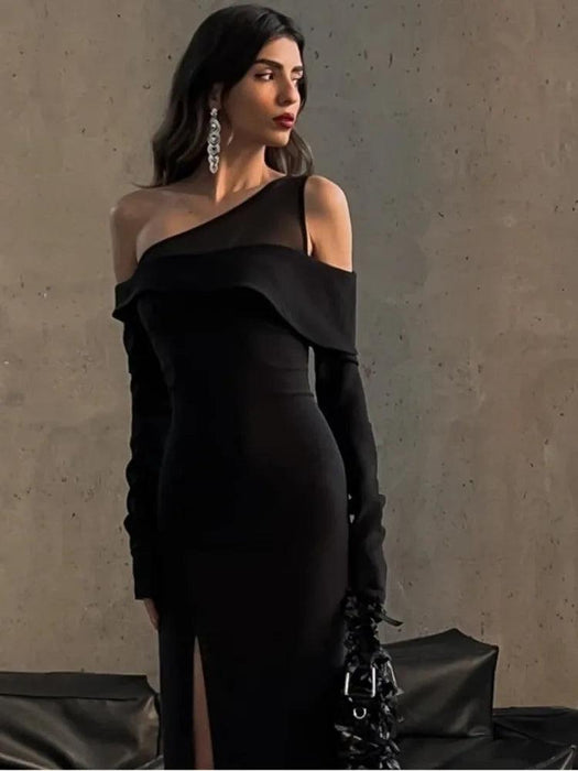Black Asymmetrical Long Sleeve Maxi Dress with Backless Cut-Out