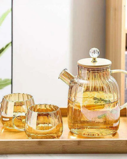 Elegant Amber Striped Glass Teapot - Perfect for Tea, Juices, and Social Gatherings