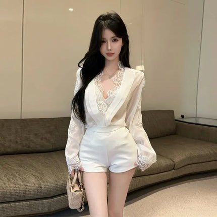 Spring Summer Sexy Vintage Lace Patchwork Solid Color Long Sleeve Blou