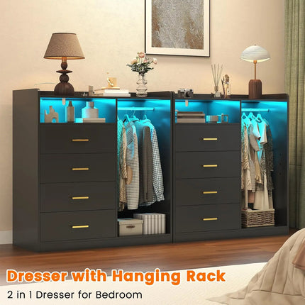 4-Drawer Dresser with Clothes Rack, LED Light, Power Outlet, Shelf, Bedroom Storage, 15.7"D x 43.3"W x 45.7"H, Customized 4-drawer-dresser-with-clothes-rack-led-light-power-outlet-shelf-bedroom-storage-15-7d-x-43-3w-x-45-7h-customized