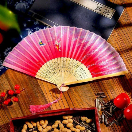 Charming Retro Silk Folding Fan - Exquisite Bamboo Craft for Dance and Home Elegance