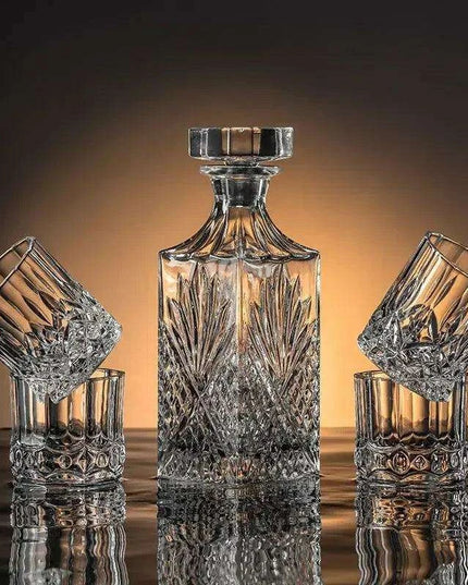 Artisan Crystal Wine and Whiskey Glass Set with Stylish Display Rack