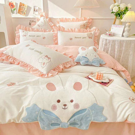 Charming Rabbit Applique Washed Cotton Bedding Set for Girls