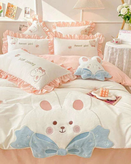 Charming Rabbit Applique Washed Cotton Bedding Set for Girls