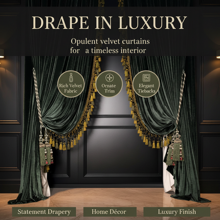 Dark Green Velvet Blackout Curtains with Tassel Trim — Custom Width, 4 Heading Styles | Très Elite