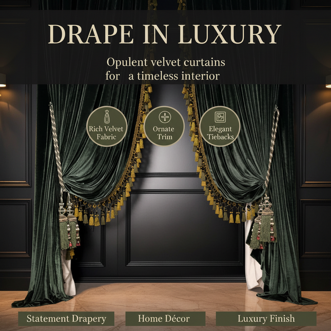 Dark Green Velvet Blackout Curtains with Tassel Trim — Custom Width, 4 Heading Styles | Très Elite