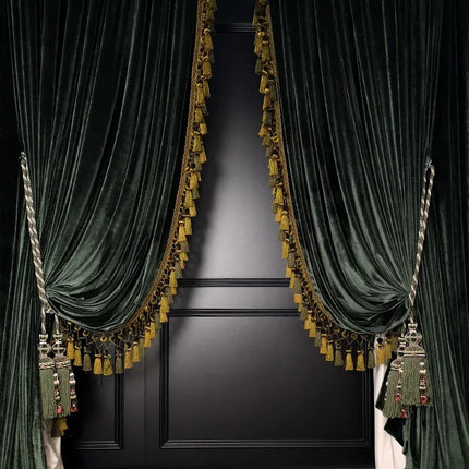 Dark Green Velvet Blackout Curtains with Tassel Trim — Custom Width, 4 Heading Styles | Très Elite