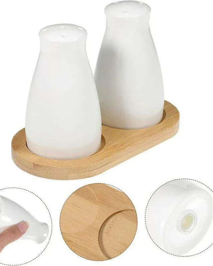 Ceramic Salt and Pepper Shaker Set with Bamboo Tray in Farmhouse Style
