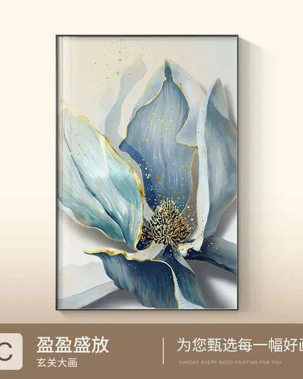 Sophisticated Blue Floral Abstract Canvas Artwork with Gold Leaf Highlights - Modern Scandinavian Home Decor