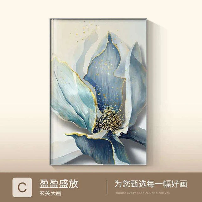 Sophisticated Blue Floral Abstract Canvas Artwork with Gold Leaf Highlights - Modern Scandinavian Home Decor