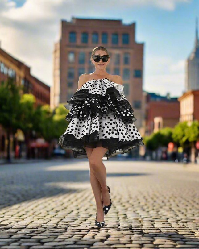 Strapless Polka Dot Mini Dress - Elegant Above Knee Cocktail Gown for Special Occasions