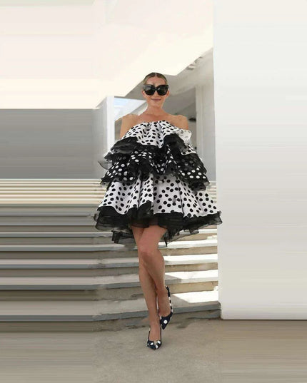 Strapless Polka Dot Mini Dress - Elegant Above Knee Cocktail Gown for Special Occasions