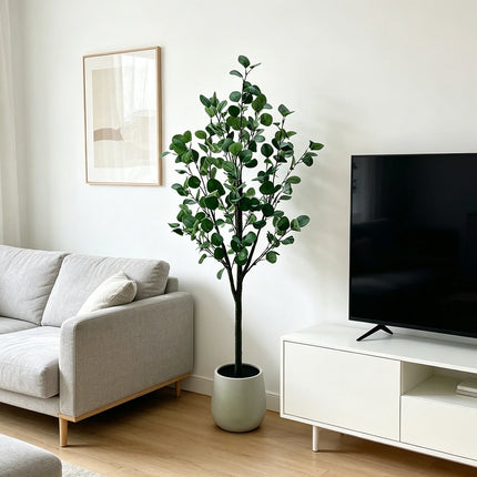 Artificial Eucalyptus Tree With Wicker Basket And Black Pot Indoor Gre