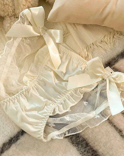 Charming Princess-Inspired Satin Lace Bow Women's Panties - Soft Ruffled Mesh Underwear for All-Day Comfort