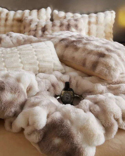 Luxurious Gradient Blue & Grey Faux Rabbit Fur Velvet Fleece Bedding Set with Sheets & Pillowcases