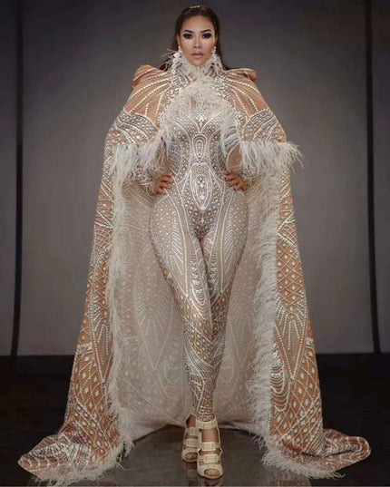 Dazzling Feathered Performance Outfit: Custom 3D Printed Jumpsuit with Stretch Bodysuit