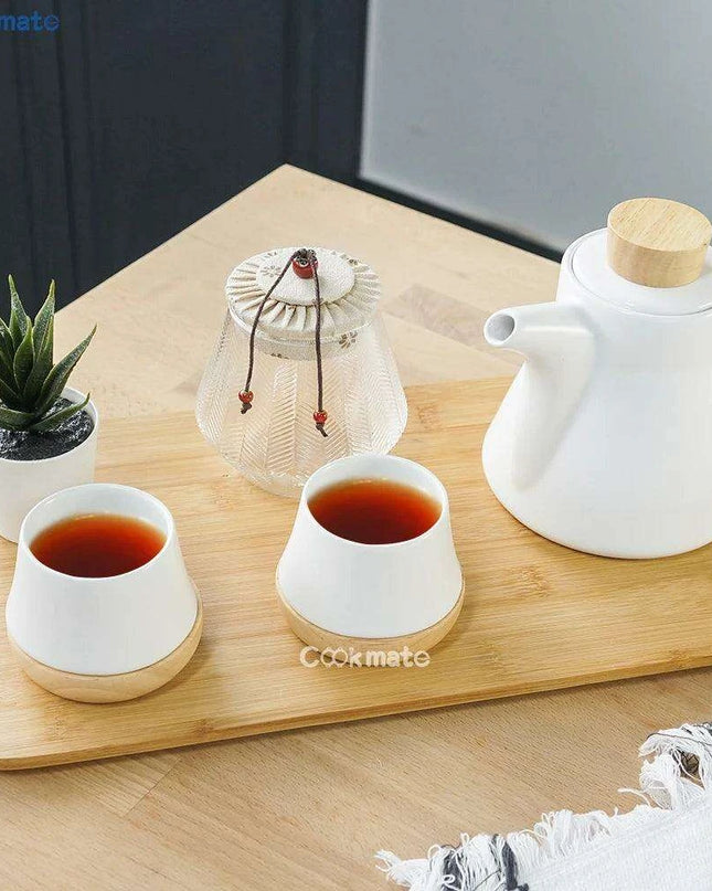 Elegant Porcelain Tea Mug Set with Chic Wooden Coasters - Perfect for Kung Fu Tea, Coffee, and Wine, Available in Single, Double, or Quad Sets