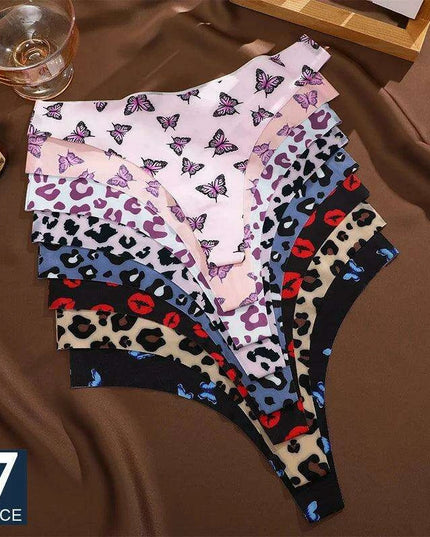 7Pcs Seamless Ice Silk Thong Set for Women - Fresh Low Waisted Print Underwear