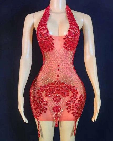 Glamorous Pink Sheer Mini Dress with Rhinestone Accents - Ideal for Stunning Events