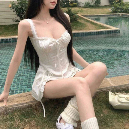 Chic Vintage Korean A-Line Skirt and Backless Camisole Women's Two-Piece Set