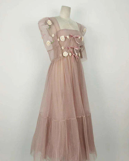 3D Floral Puff Sleeve Dress with Square Neck