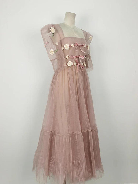 3D Floral Puff Sleeve Dress with Square Neck