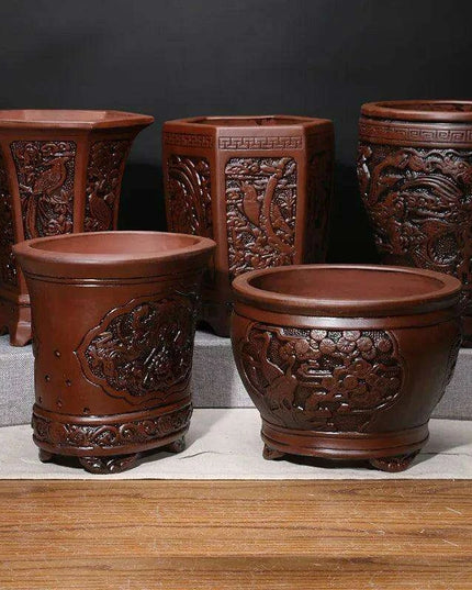 Elegant Purple Sand Bonsai Pot Set for Clivia Plants