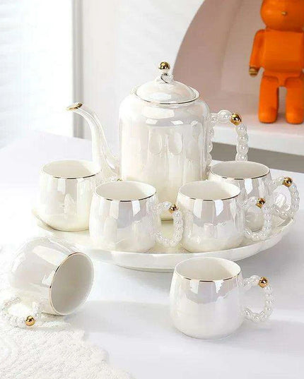Sophisticated Pearl Ceramic Tea and Beverage Serving Collection with Coffee Pot and Cups