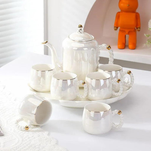 Sophisticated Pearl Ceramic Tea and Beverage Serving Collection with Coffee Pot and Cups