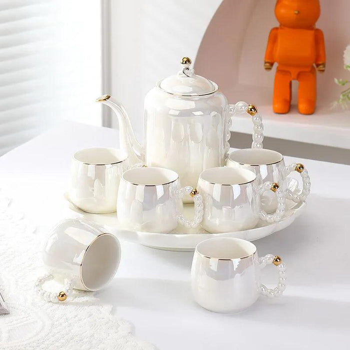 Sophisticated Pearl Ceramic Tea and Beverage Serving Collection with Coffee Pot and Cups