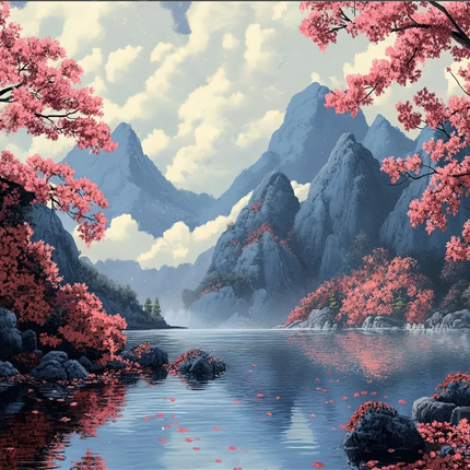 Mountain Lake Cherry Blossom 3D Mural Wallpaper