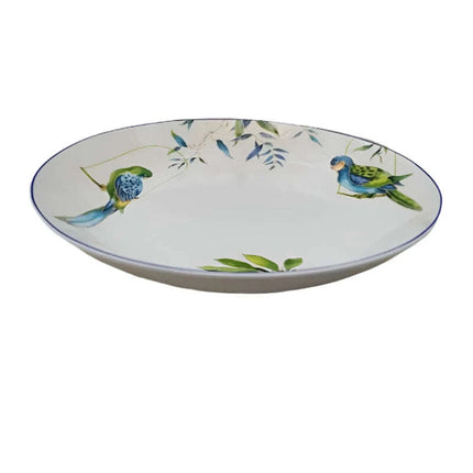 Colorful Parrot-Themed Porcelain Dining Collection: Bowl, Cup, Saucer, and Serving Tray