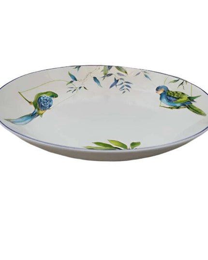 Colorful Parrot-Themed Porcelain Dining Collection: Bowl, Cup, Saucer, and Serving Tray