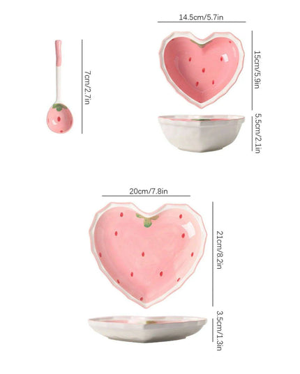 Strawberry Delight Dining Ensemble: Bowl, Spoon, and Plate Set