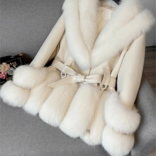 Luxurious V-neck Fox Fur Sheepskin Winter Overcoat