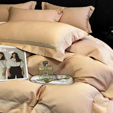 Elegant Egyptian Cotton Embroidered Duvet Cover Set, Premium Hotel-Quality Bedding with Bed Sheet and Pillowcases, Solid Color Luxury Collection