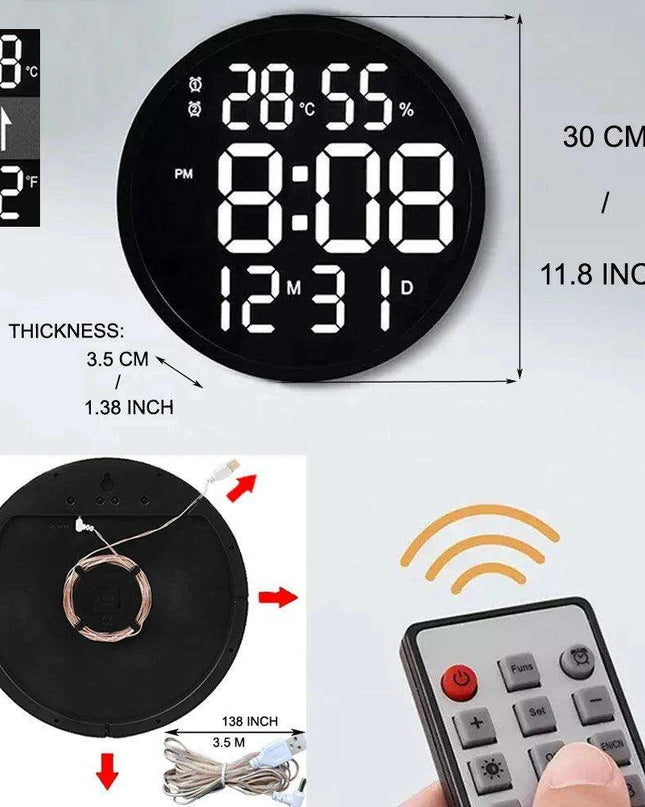 Large 12-Inch Digital LED Wall Clock with Alarm, Calendar, Temperature, and Humidity Display - Modern Home Decor with Smart Brightness Control