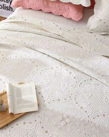 Nordic Elegance Cotton Quilt Set, Embroidered Summer Bedspread, 3-Piece Throw Coverlet