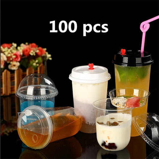 Disposable Tableware dessert cups 100PCS Plastic Cups With Dome Lids for Iced Cold Drink Coffee Tea Smoothies Sodas Water Party