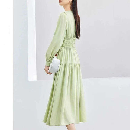 Elegant Light Green Puff Sleeve Midi Dress - Spring Pullover Round Neck for Women 2024