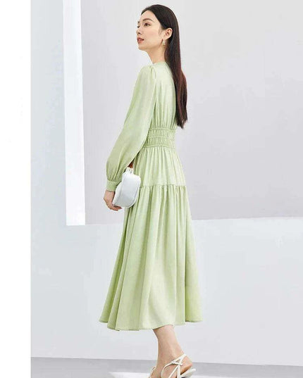 Elegant Light Green Puff Sleeve Midi Dress - Spring Pullover Round Neck for Women 2024