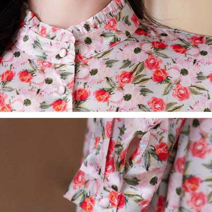 Elegant Floral A-line Silk Dress with Stand Neck for Women