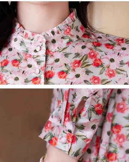 Elegant Floral A-line Silk Dress with Stand Neck for Women