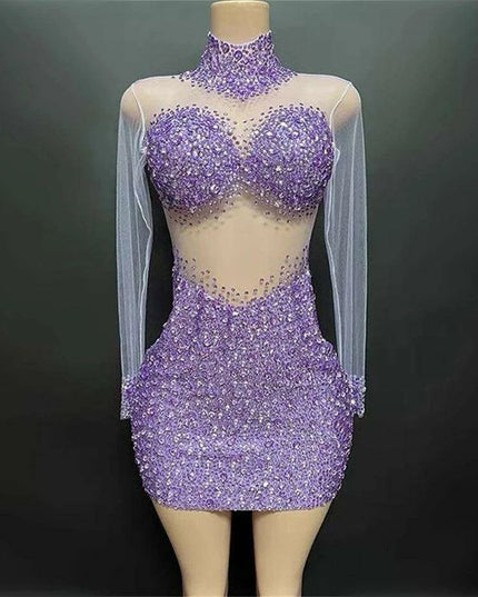 Elegant Sky Blue Sheer Evening Dress with Radiant Diamond Accents